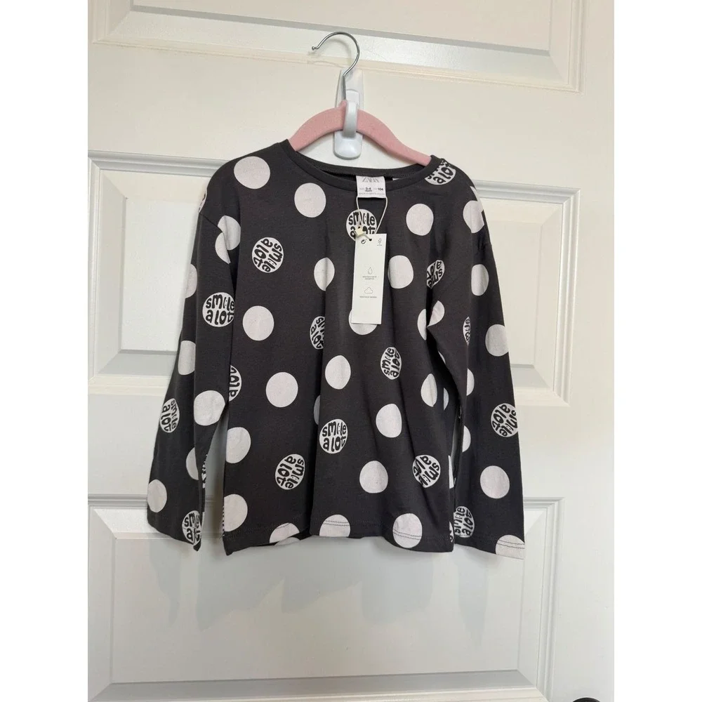 9.Zara Kids Charcoal Gray Polka Dot Smile A Lot Long Sleeve Tee Shirt NWT 3-4Y